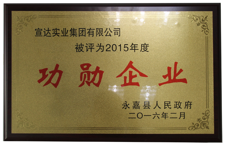 宣達(dá)榮膺2015年度永嘉縣功勛企業(yè)稱號